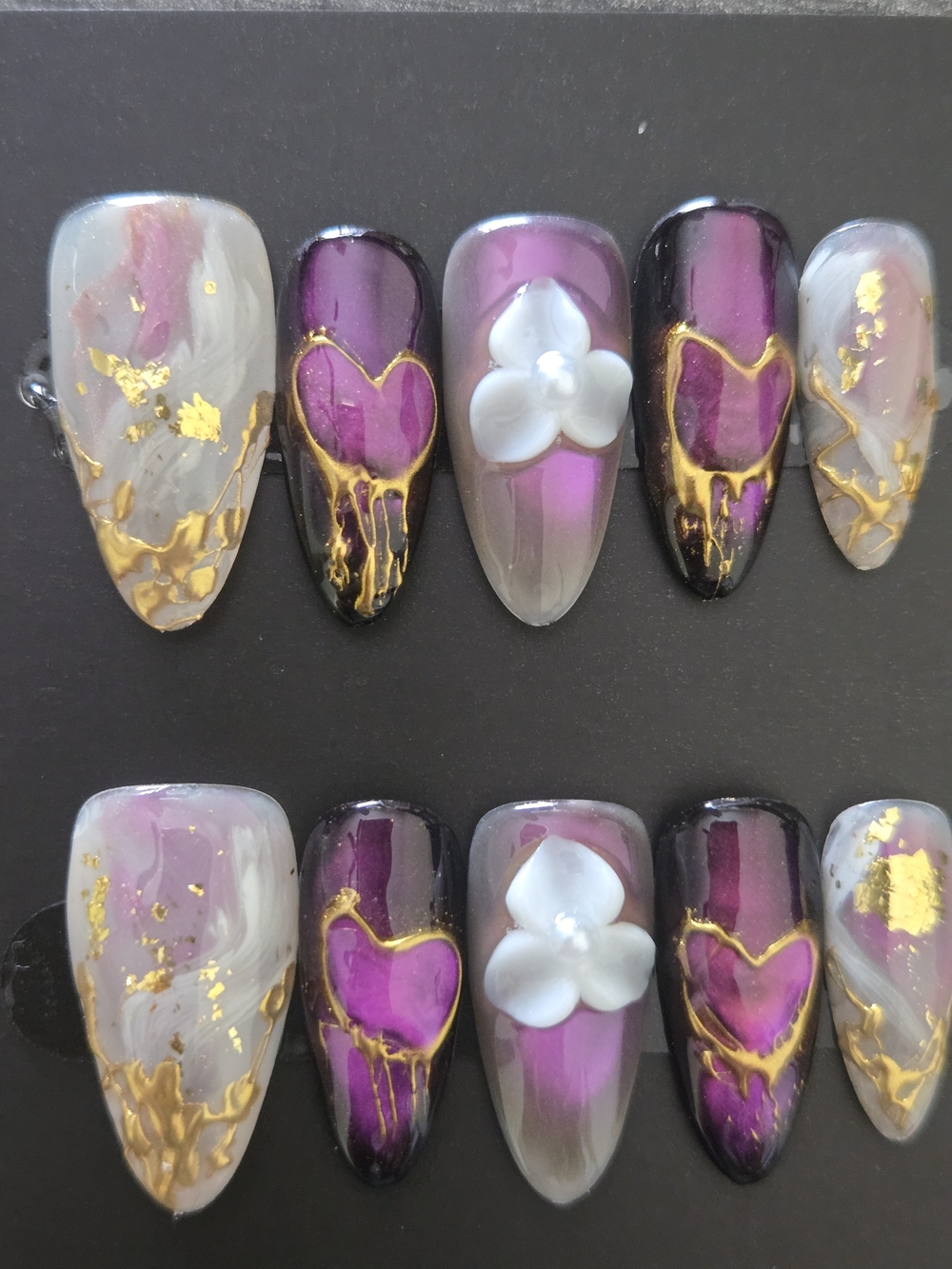 Hand Crafted Purple, White & Gold Floral Heart Press-On Nails